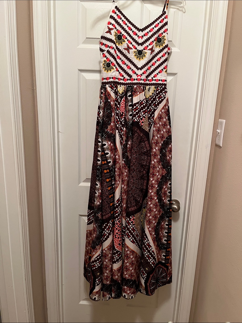 Printed Maxi Sundress with Embroidered Bodice in Brown and White